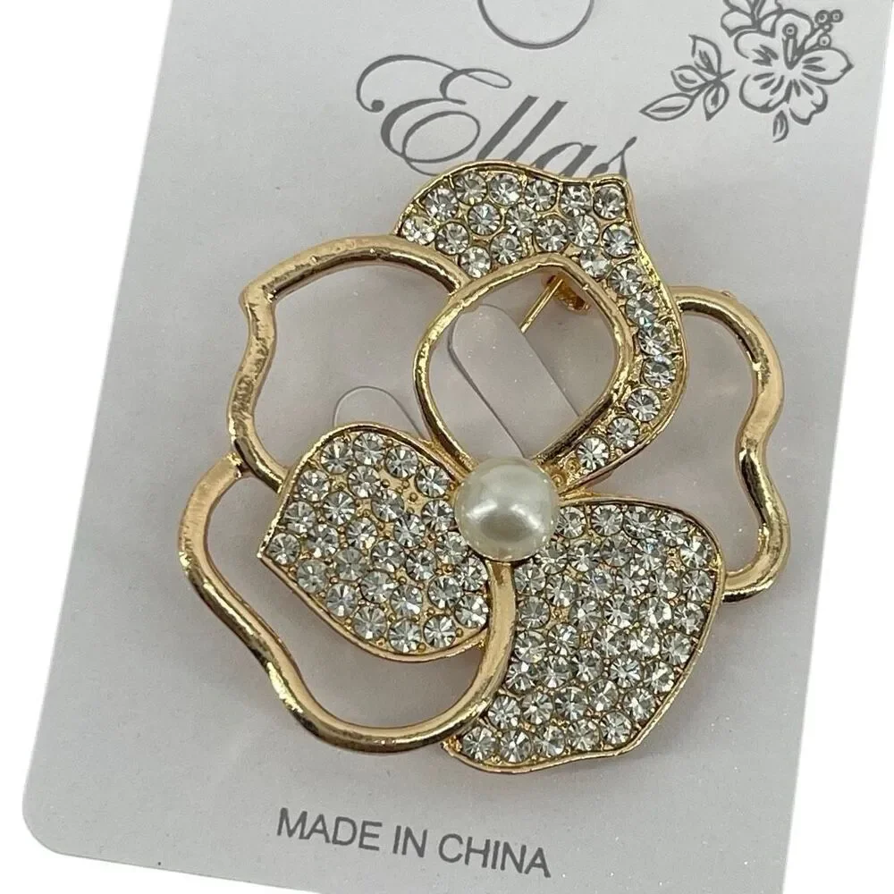 Ellas Gold Tone Rhinestone Flower Brooch Pin Pearl Floral Statement Lapel Pin